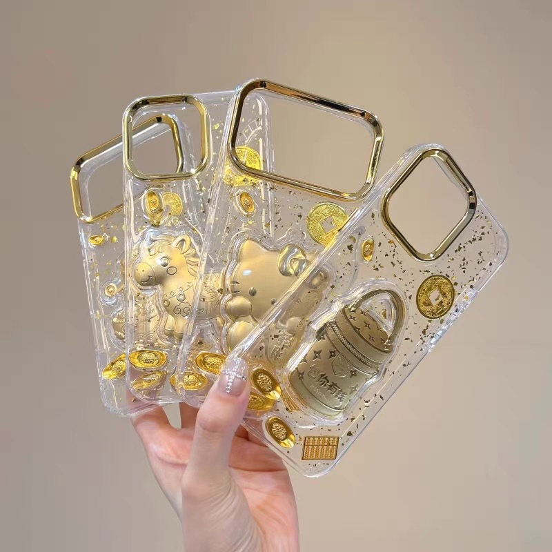 适用iphone 17promax金色镜框招财壳苹果15plus马上有钱16pro财神