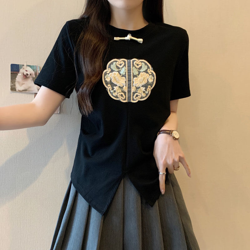 2024 Summer Embroidered Split Short Sleeve Design T-shirt New Chinese style High end Bottom Top_voghion.com