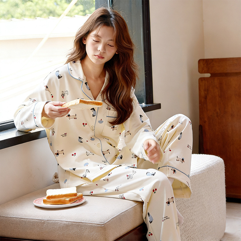 Korean-Style Cartoon Puppy Pajamas for Women, Spring and Autumn Pure Cotton Long-Sleeved Cute Collared Women's Home Wear Set That Can Be Worn Outside