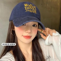 美式复古字母刺绣藏青色棒球帽女宽帽檐显脸小加大加深鸭舌帽子潮