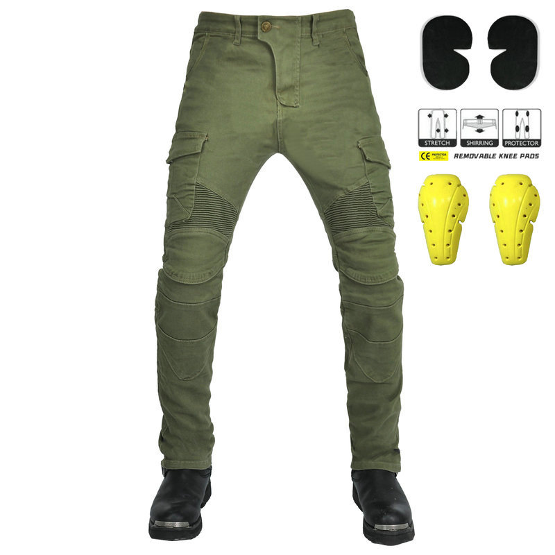 VOLERO motocicleta anti-caída Caballero equipo Four Seasons estiramiento Denim ejército verde pantalones de carreras bolsillo oblicuo