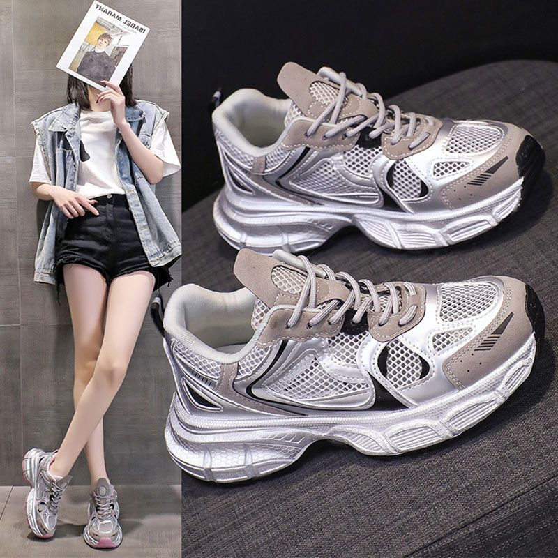 Zapatos de plata para mujeres 2025, nuevos zapatos de primavera y verano con suela gruesa aumentando la altura de los zapatos de deporte transpirables de nicho image 4