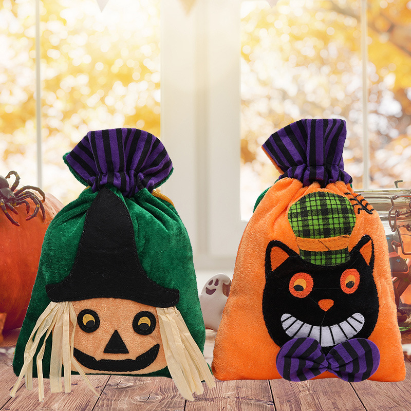 Halloween cross-border new drawstring pocket cartoon velvet pumpkin bag candy bag children's gift party decoration