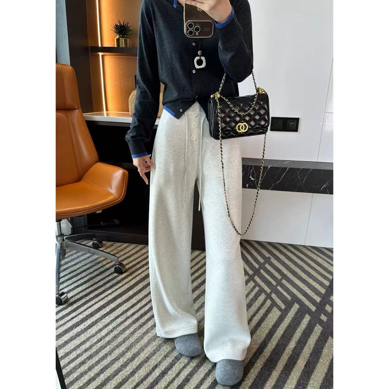 双腰抽绳纽扣阔腿裤！秋冬杂色醋酸羊毛裤720g藏肉休闲裤S1027N