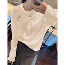 韩系简约一粒扣杏色长袖T恤女2025春款新款休闲百搭减龄印花上衣