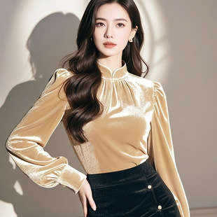 This Year's Popular Pearl White Stand-Up Collar Chinese Velvet Splicing Elegant Pleated Bottoming Shirt Is a Stylish and Chic Top