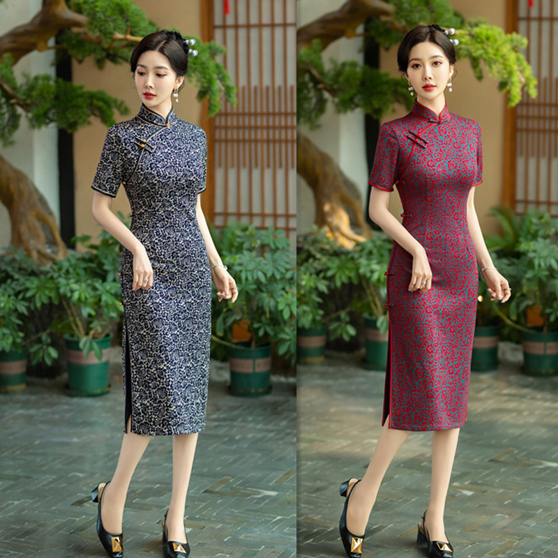 Old Shanghai Retro Chinese Style Sheen Cotton Short-Sleeve Cheongsam 2024 Spring and Summer New Arrival Middle-Aged and Elderly Women Plus Size Cheongsam