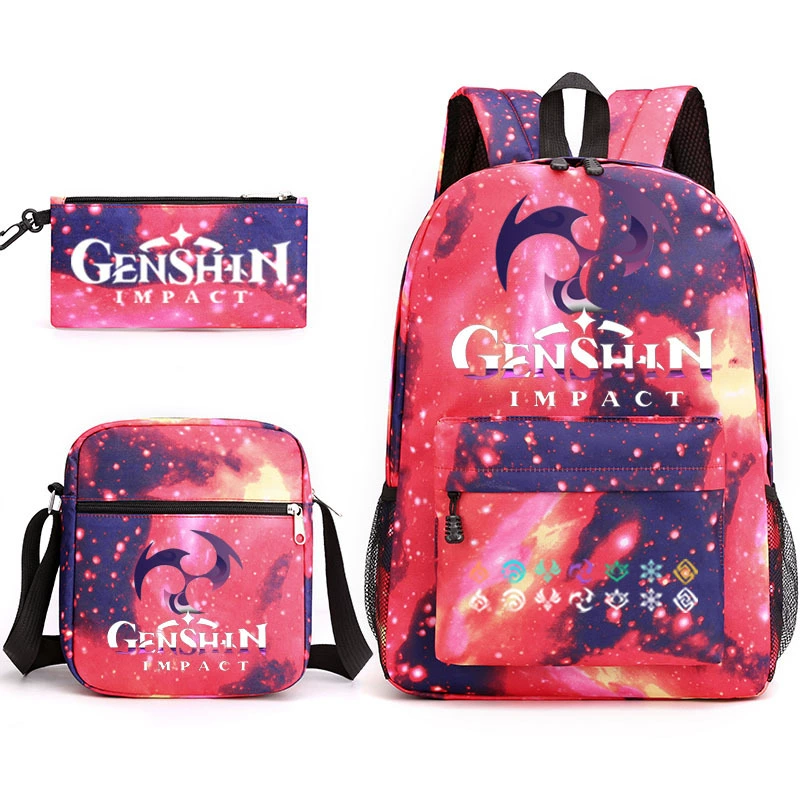 Backpack set (Genshin) 3‑piece — backpack, one‑shoulder bag, pencil case, assorted colors