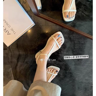 同款牛皮版  时髦斜切方头T字带夹趾百搭真皮平底凉鞋女夏季新款