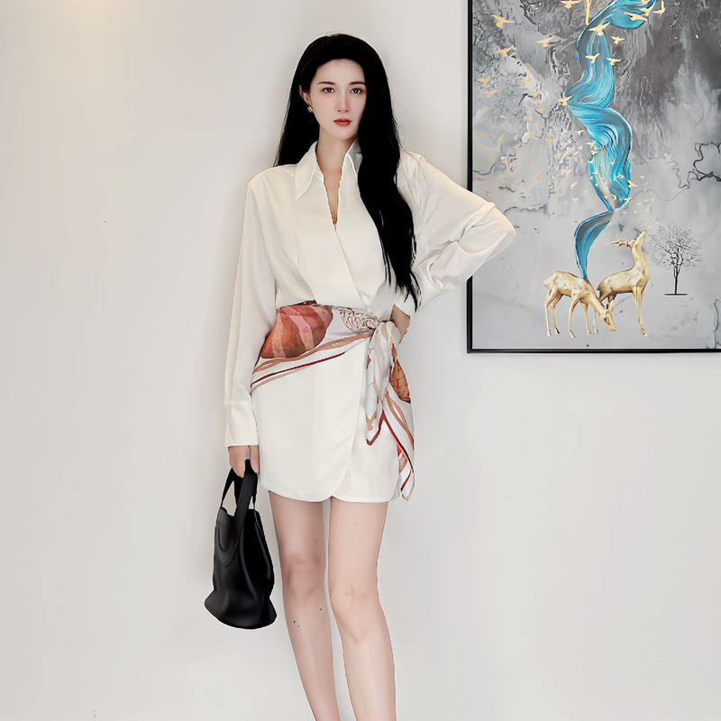 Spring and Summer New Style Liu Yifei's Same Style Casual Lapel V Neck Long-Sleeved White Shirt Dress
