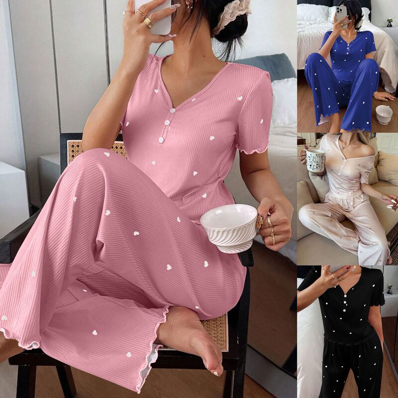 Summer New Style Women's European and American Cross-Border Short-Sleeve Pajamas with Heart-Shaped Ribbed Long Pants, Casual Fashion Loungewear Set for Women Summer New Style Women's European and American Cross-Border Short-Sleeve Pajamas with Heart-Shaped Ribbed Long Pants, Casual Fashion Loungewear Set for Women