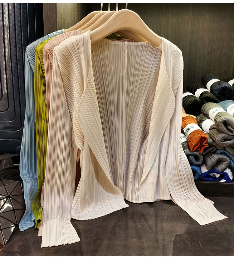 Áo cardigan nữ tay dài xếp ly không cài khuy, phong cách đơn giản cao cấp mùa xuân hè — Màu xanh lam nhạt, Màu đen, Xanh Lông Công, Màu hồng chi tiết 5