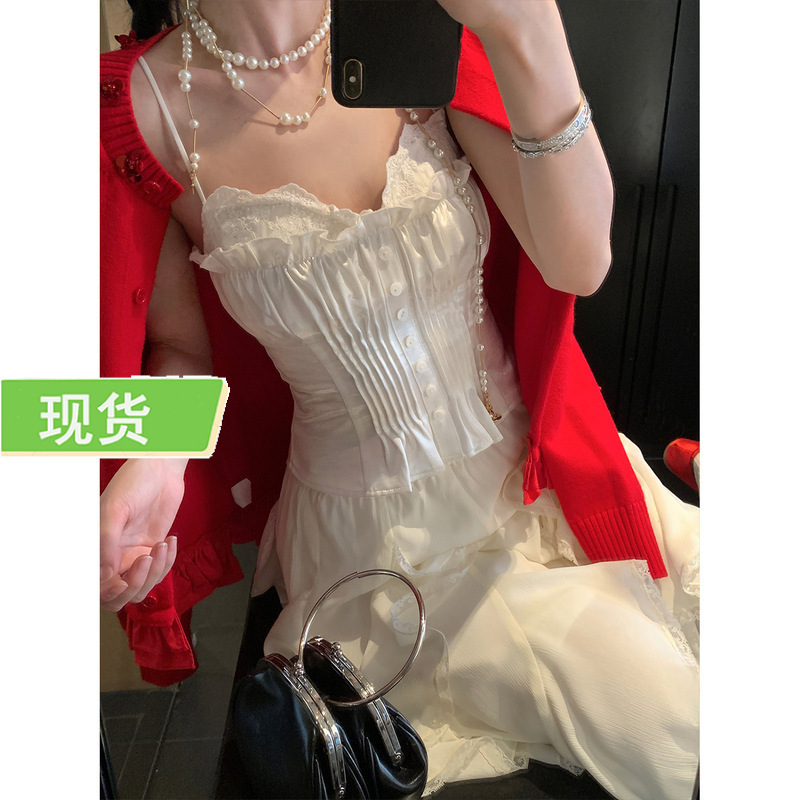 Satin Smocked Lace Splicing Shirt for Women Spring Design Niche Hot Girl Bra Halter Top