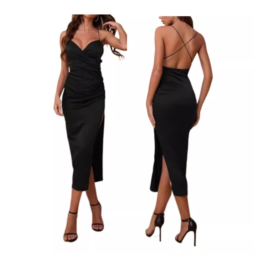 European and American style 2024 spring and summer suspenders sexy split I small dress material acetic acid satin suitable for all kinds of cocktail party