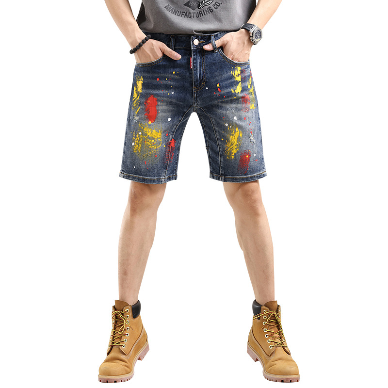Men's clothing in stock 2024 ashion brand jeans straight men's slim trousers trendy youth Denim Shorts_viptrois.com