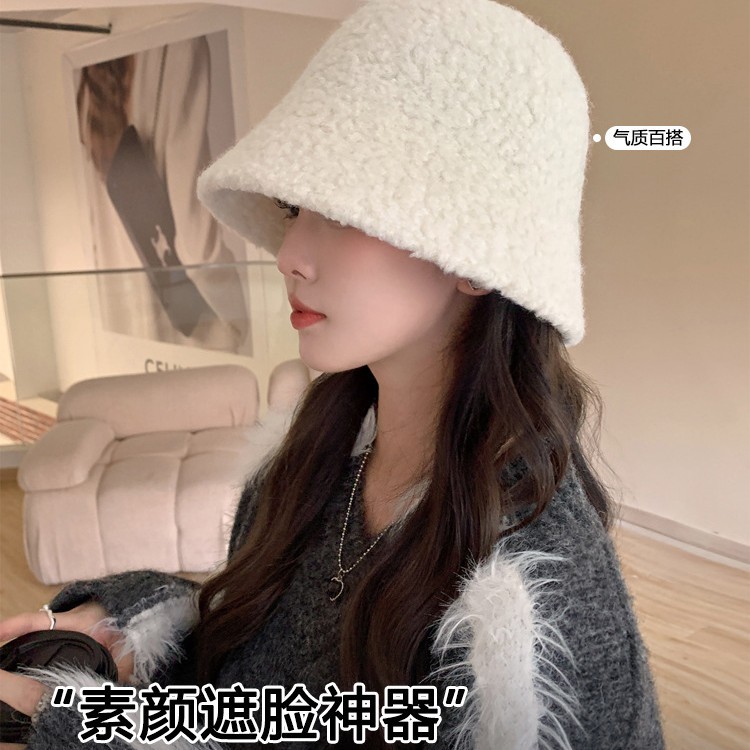 Sombrero de mujer caño invierno de cordero sombrero pescador de melanina cara pequeña sombrero de cubo cara grande sombrero de pelusa cálida
