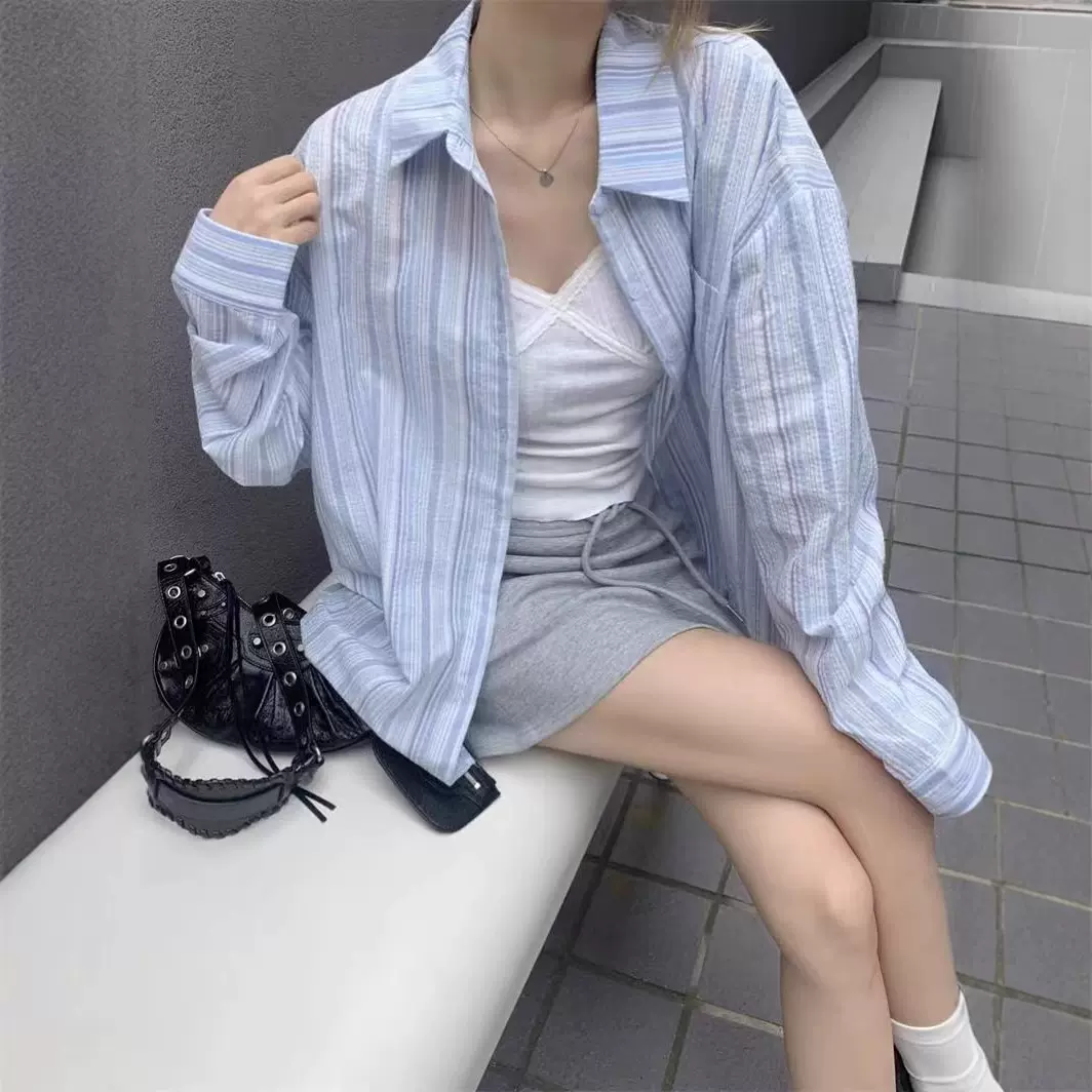 法式条纹衬衫女2025春夏新款复古设计感小众宽松显瘦长袖防晒上衣