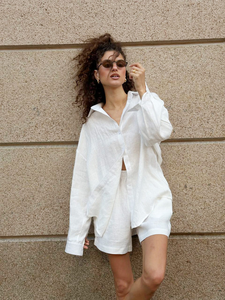 Bộ cardigan dài tay kèm quần short cotton màu trơn phong cách đơn giản — Màu cam, Màu hồng, Màu hồng nhạt, Màu trắng chi tiết 36
