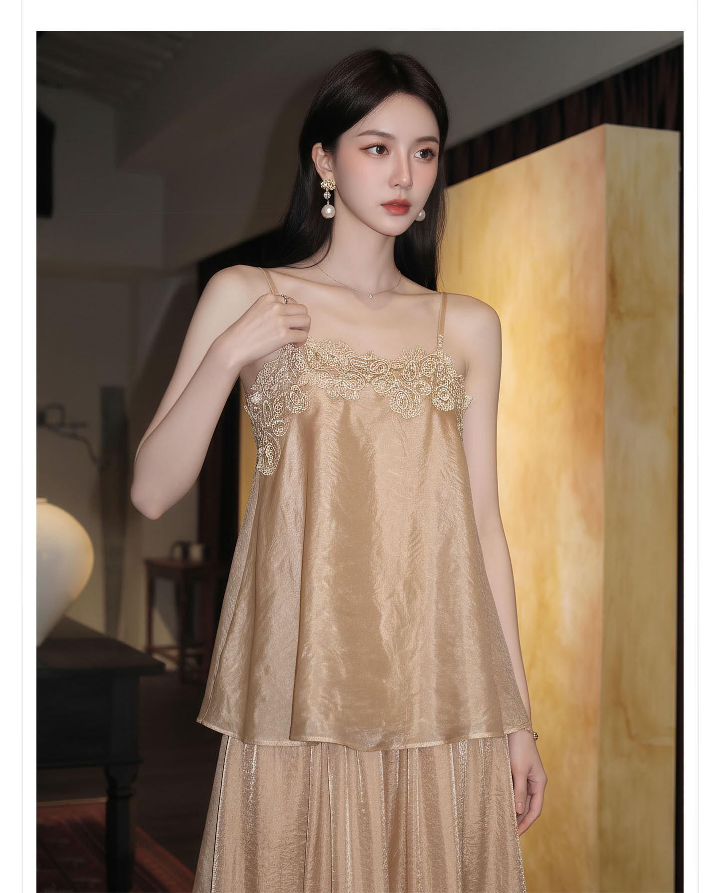 Bộ váy đầm maxi nữ thắt eo phong cách tân cổ điển Trung Hoa sang trọng — nửa váy, Trang chủ chi tiết 8