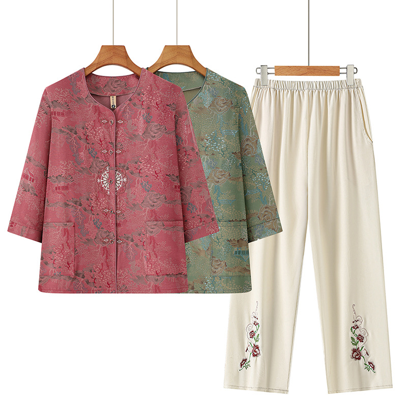 Summer Outfit Set for Middle-Aged and Elderly Women, Thin Shirt, Traditional Chinese Style, Cardigan Two-Piece Set for 70-Year-Old Mom, Grandma