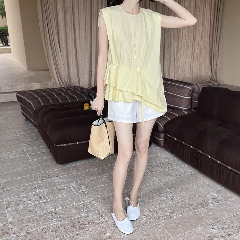 Hoo Summer New French Style Heavy-Duty Pleated Waist Fashionable Design Relaxed and Lazy Sleeveless Shirt Csa7108 Hoo Summer New French Style Heavy-Duty Pleated Waist Fashionable Design Relaxed and Lazy Sleeveless Shirt Csa7108