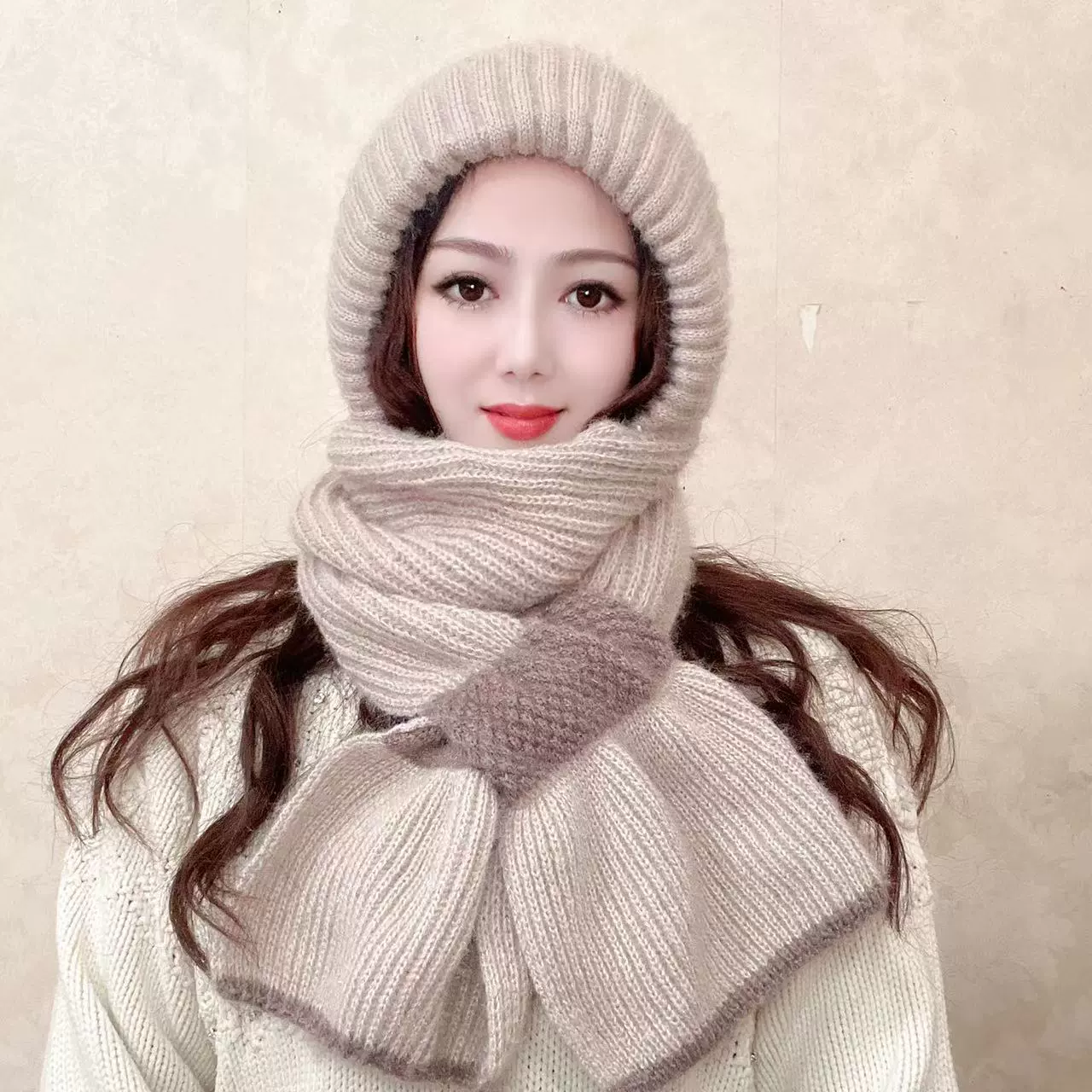 К knitted universal scarf with hood, woolen knitted hat