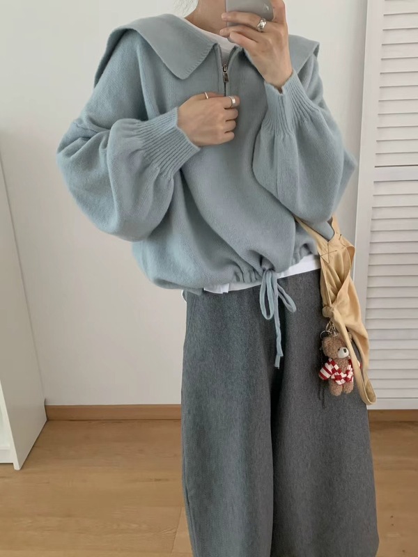 韩系学院风海军领套头毛衣女设计感抽绳收腰显瘦半拉链针织外套秋|undefined