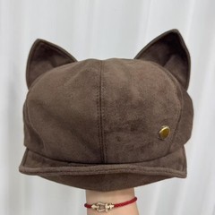 麂皮绒猫耳贝雷帽子女秋冬季新款纯色复古百搭八角帽显脸小画家帽