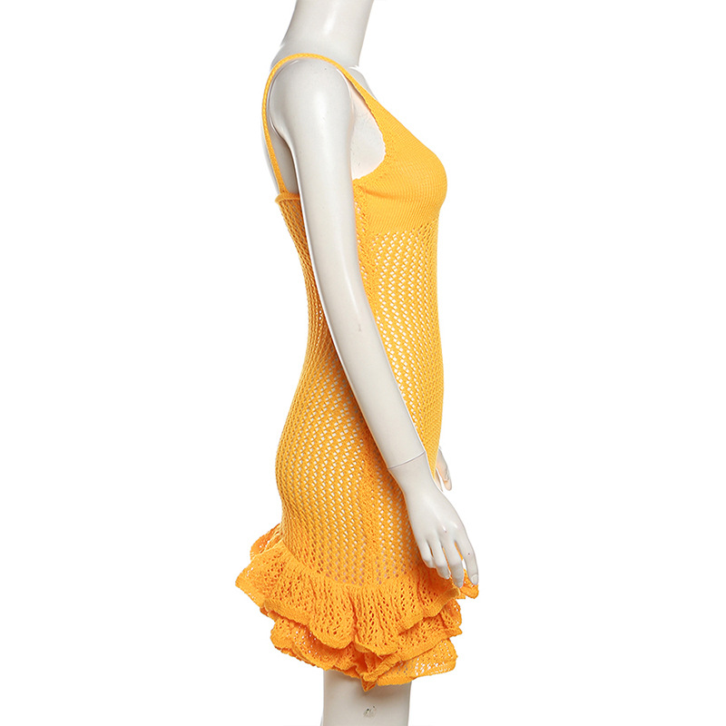 2024 Abito da donna nuovo sexy con bordo auricolare in legno cavo, lavorato a maglia, con fascia avvolgente_voghion.com