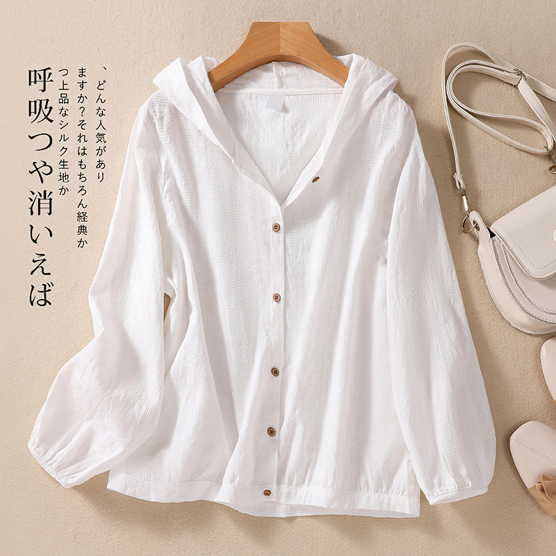 Cotton and Linen Shirts for Women in Spring and Autumn, Large Size Loose Shirts for Plus-Size Women, Hooded Cardigans, Long-Sleeved Tops, Casual and Versatile