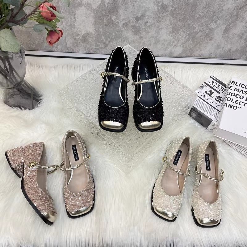 2024 Summer Coarse Heel Shallow Mouth Elegant Ladies Shoes Women's Sequins Niche French Style Chanel Style Mary Jane Shoes