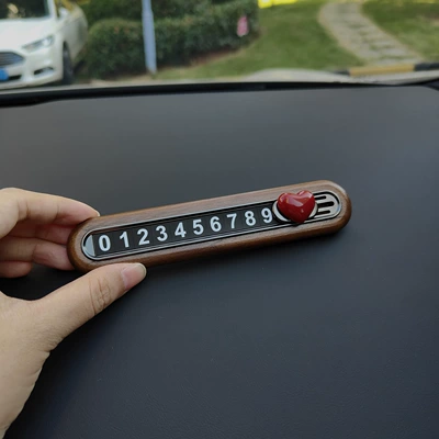 license plate, hidden type, Nömrəli dayanma kartı - red-heart-walnut-wood-metal-license-plate