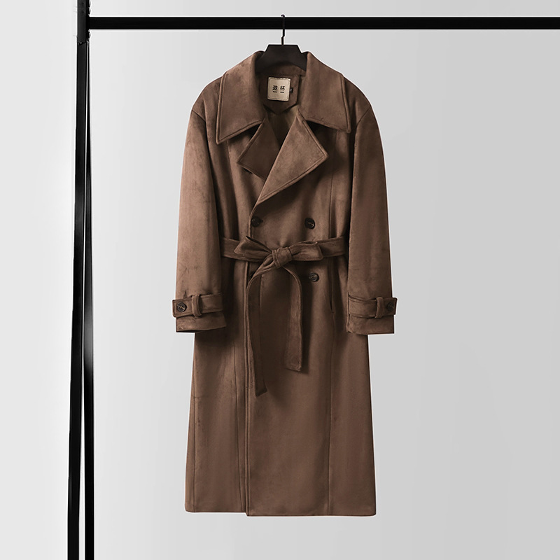 New Loose-Fitting Oversized Retro Brown Suede Straight-Cut Wide-Shoulder Long Coat with a Powerful Aura, High-End Structured Trench Coat for Men