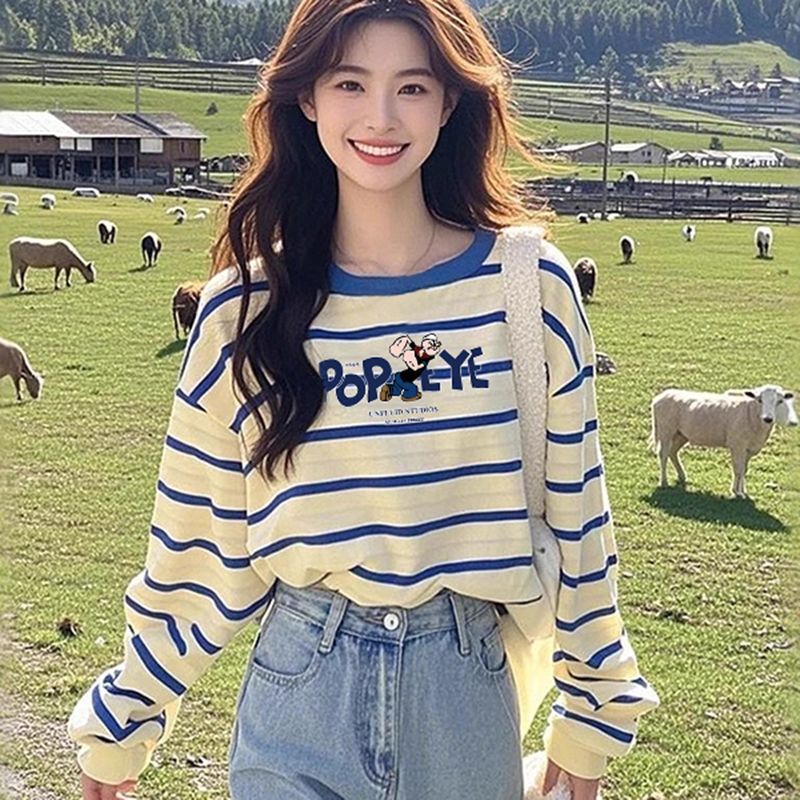 Chic Striped Crew Neck Base Shirt for Spring and Autumn, Lazy Style with a Sense of Design, Unique Patchwork T-Shirt with a High-End Feel Chic Striped Crew Neck Base Shirt for Spring and Autumn, Lazy Style with a Sense of Design, Unique Patchwork T-Shirt with a High-End Feel