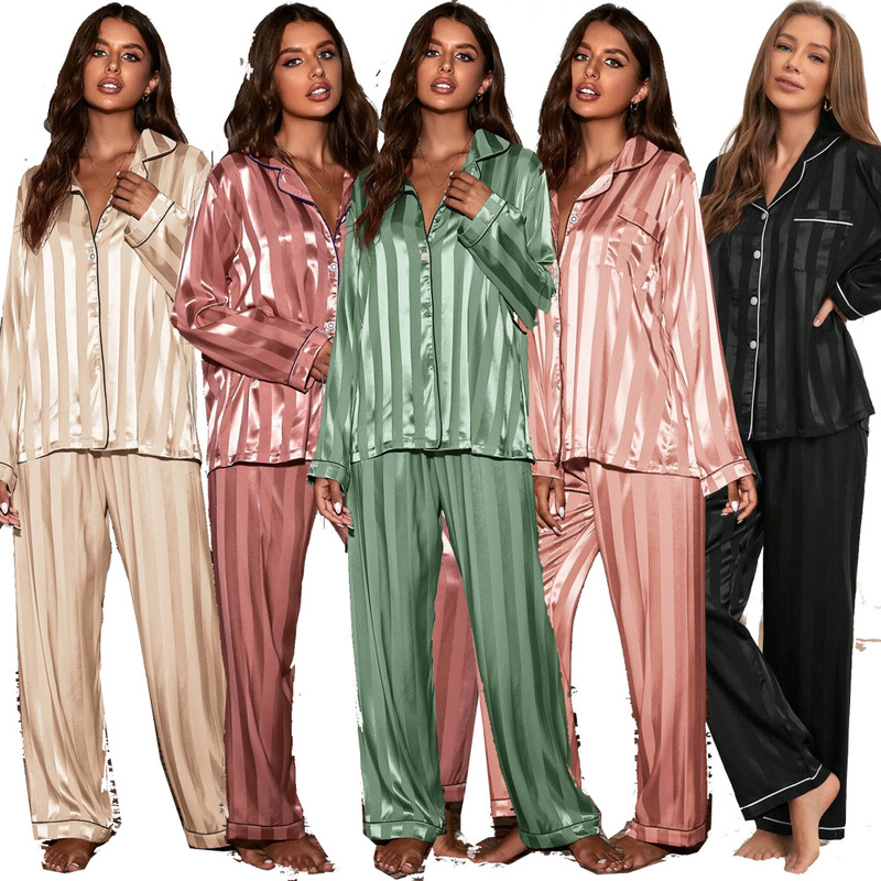 European and American Style Home Wear Pajama Set, Satin Cardigan, Long-Sleeve Top and Long Pants Two-Piece Set, Ice Silk Jacquard Stripes, Direct from the Factory
