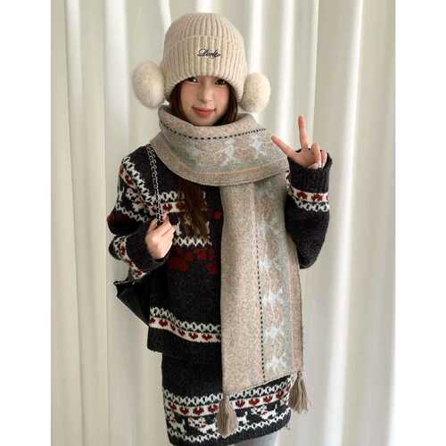 Fair Isle Pattern Knitted Scarf for Women 2025 New Arrival Autumn/Winter Atmospheric Sensation Thick Warm Woolen Neck Wrap Versatile