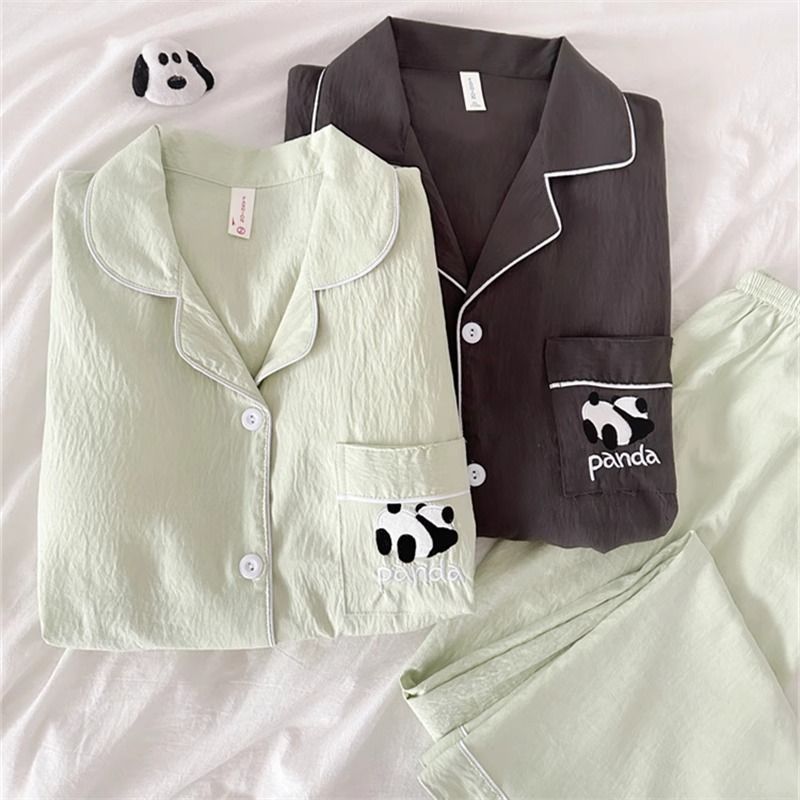Primavera y verano nubes de algodón pareja pijama mujer panda dibujos animados bordados otoño hombre ropa de casa set comercio exterior al por mayor