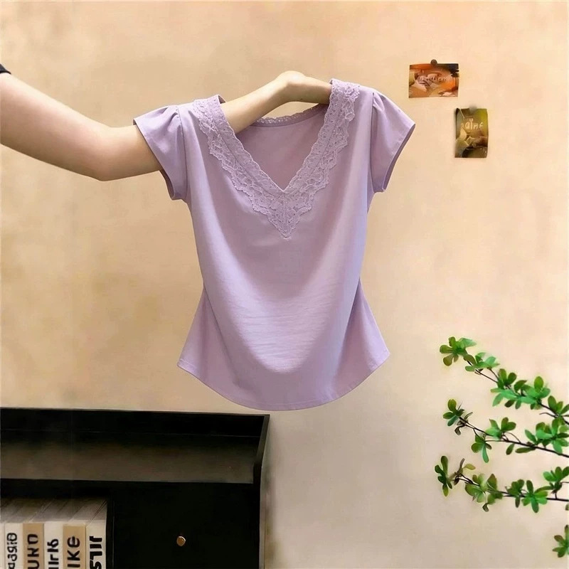 Korean-Style Simple Purple Lace V-Neck Short-Sleeved T-Shirt for Women, New Summer Model, Slim Fit, Stylish, Age-Reducing, Elegant Top Korean-Style Simple Purple Lace V-Neck Short-Sleeved T-Shirt for Women, New Summer Model, Slim Fit, Stylish, Age-Reducing, Elegant Top