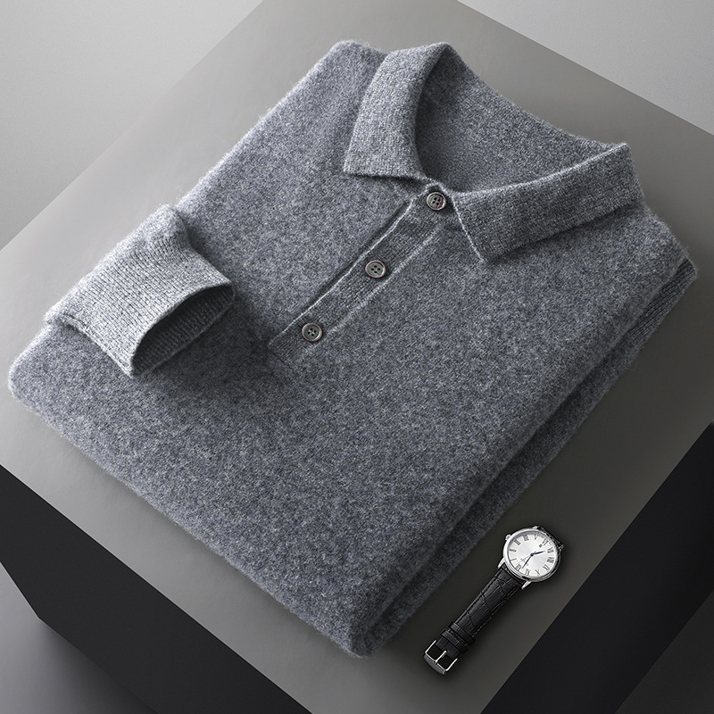 Autumn and winter men's POLO collar solid color long sleeve full woolen sweater casual lapel T-shirt knitted bottoming shirt plus size sweater Autumn and winter men's POLO collar solid color long sleeve full woolen sweater casual lapel T-shirt knitted bottoming shirt plus size sweater