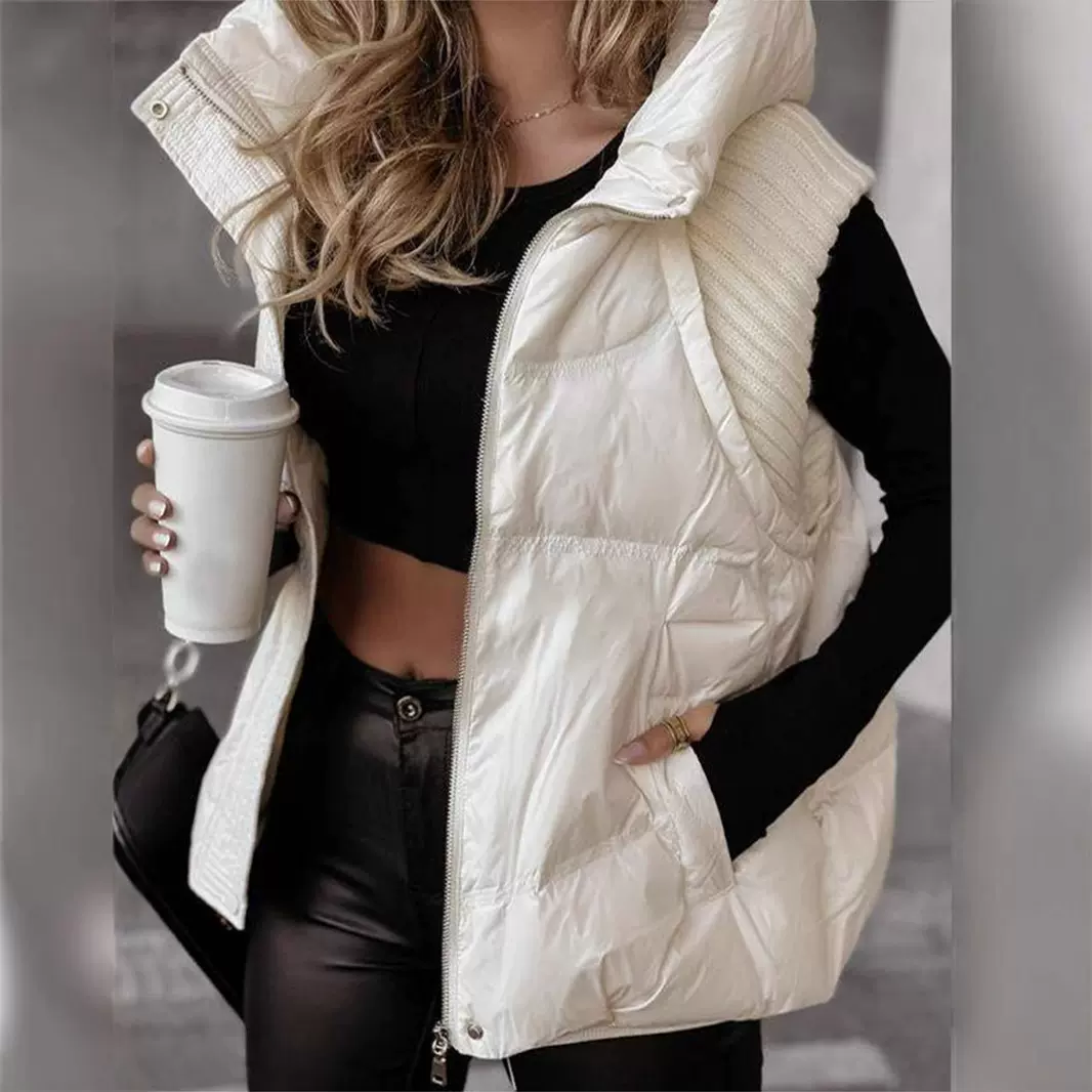 亚马逊2024秋季新款跨境欧美外贸女装时尚连帽无袖针织拼接棉马甲