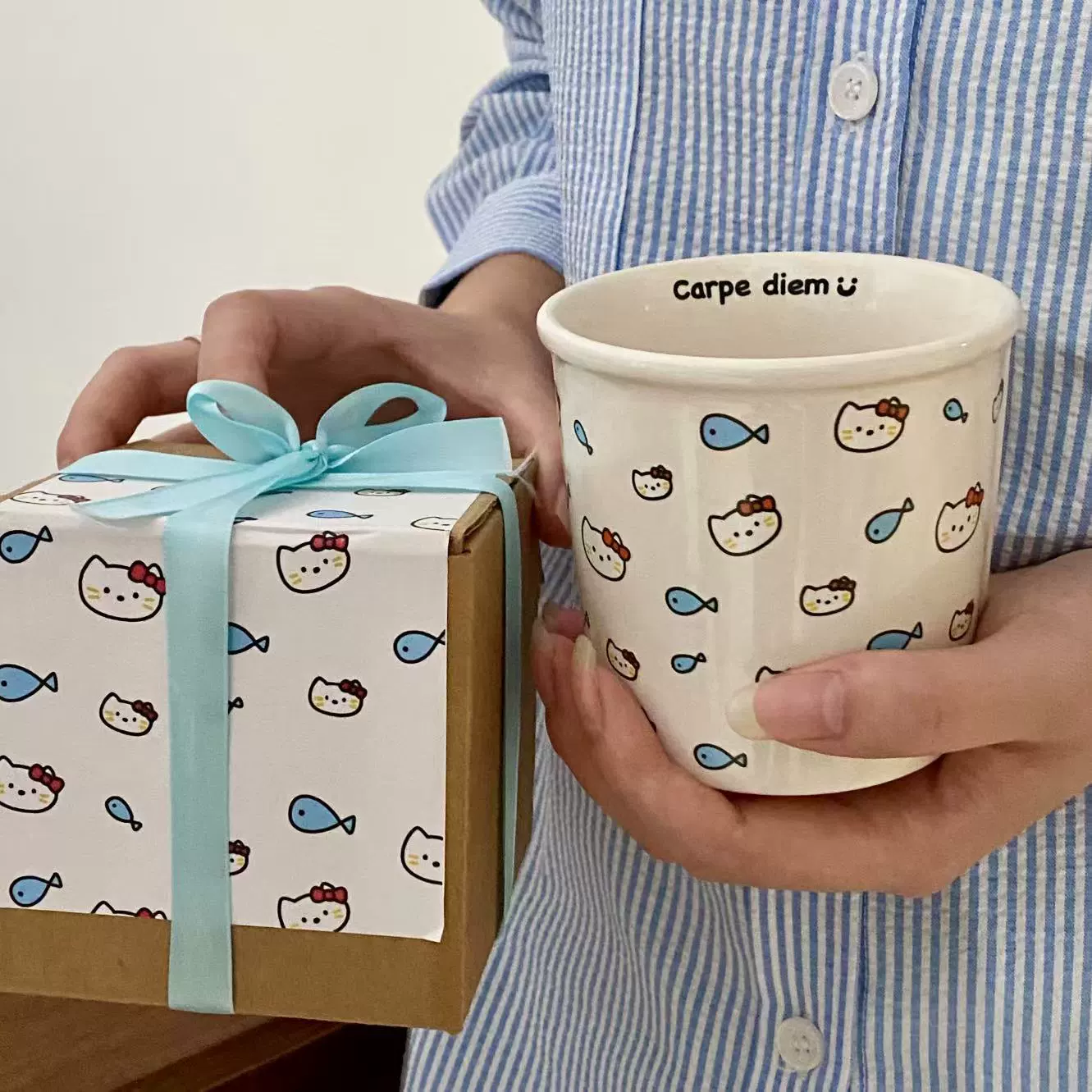 Ceramic Mug Ins Cat Eating Fish — 350 ml, Cute Gift Box Design