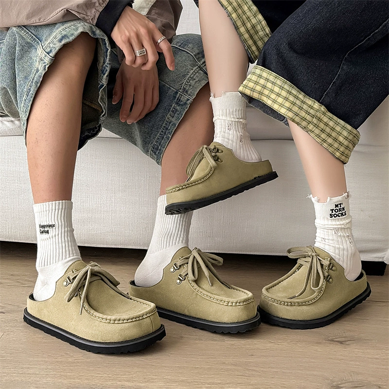 Ретро универсальные Birkenstocks 2025 весна, новые шнурованные замшево-кожаные шлёпанцы с открытым носком для ленивых