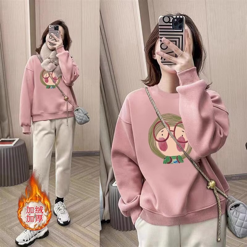Loose Fleece-Lined Thickened Round Neck Sweatshirt for Women 2025 Autumn and Winter Loose Big Glasses Cartoon Print Round Neck Warm Top Loose Fleece-Lined Thickened Round Neck Sweatshirt for Women 2025 Autumn and Winter Loose Big Glasses Cartoon Print Round Neck Warm Top