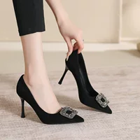 Stiletto pointed-toe high heels, rhinestone square buckle, solid black, work & commuter style