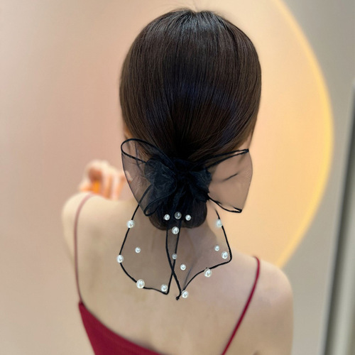 Netting Pearl Bead Bow Hair Cord Simple and Elegant Ponytail Headband with Fringe Hair Circle High-end Head Accessory 