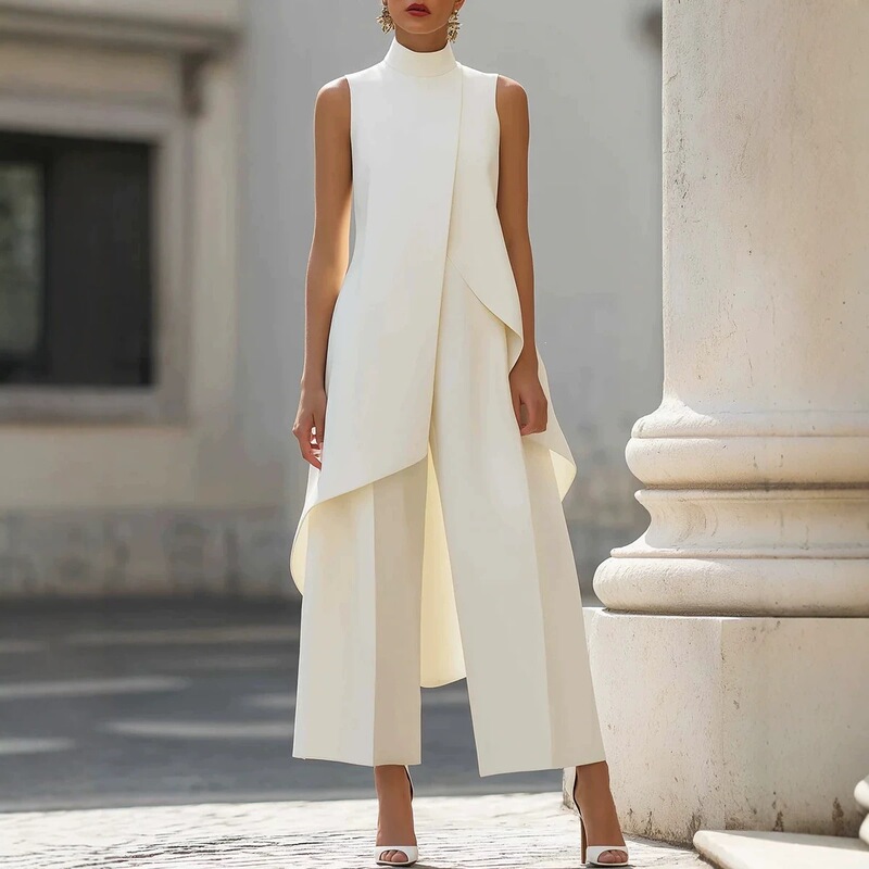 2026 European and American Fashion New Style, Slim-Fit Irregular Design for Commuting, Elegant High-Neck Sleeveless Faux Two-Piece Jumpsuit