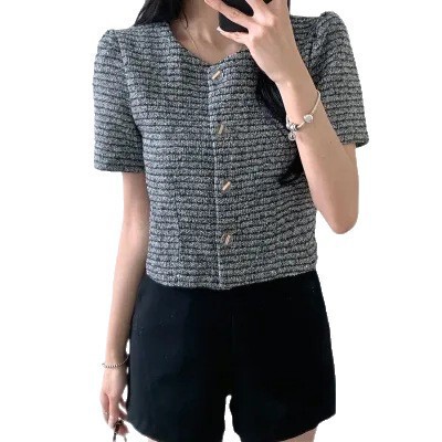 Korean Chic Summer French-Style Tweed Short Jacket for Women with Round Neck, Single-Breasted, Loose Fit, and Puff Sleeves