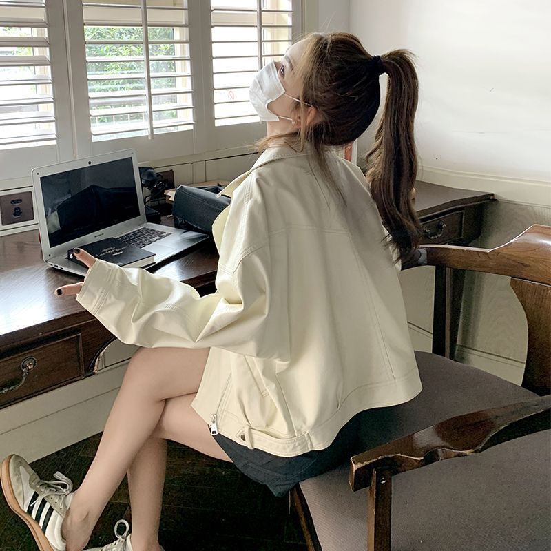 Off-White Leather Jacket for Women Spring & Fall 2025 New Style Handsome Hong Kong Style Retro Petite Motorcycle Jacket Jacket Top