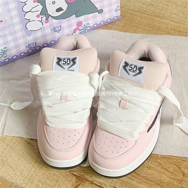 Original Light Pink Small Lightning Bread Shoes for Women Chic Retro Thick-Soled Versatile Skateboard Shoes High-Value Casual Shoes