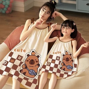 Girls' Comfortable Nightgown Summer Kidsren's Cartoon Short-Sleeved Pajamas Mother-Daughter Nightgown Girl's Thin Family Home Clothes